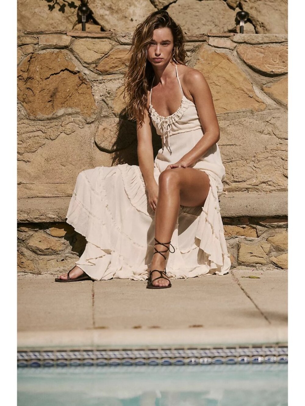 FREE PEOPLE Burst Of Bliss Halter Maxi Dress Cream Women’s Size Medium Boho Chic - Picture 8 of 15